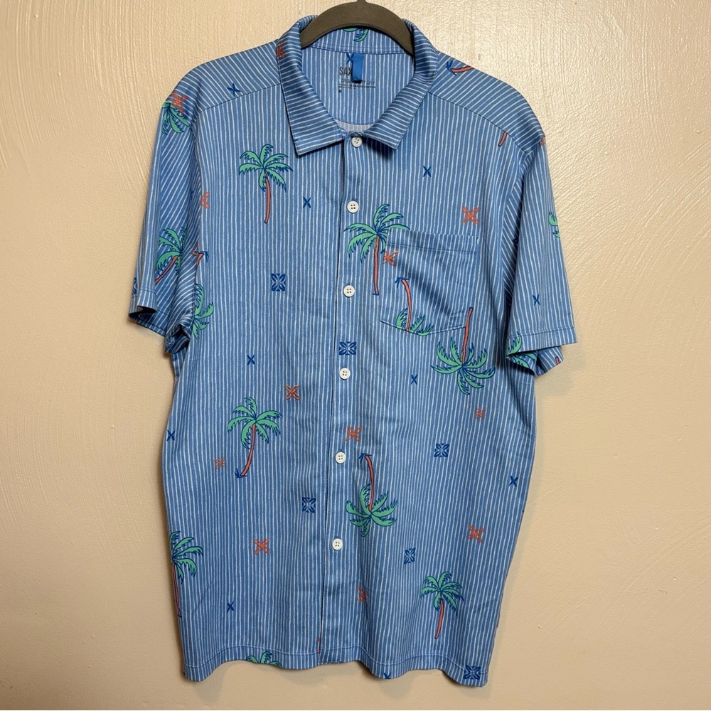 Saxx Men’s Shirt DropTemp Dry Resort Polo Palmtastic Bel Aire Stripe Blue Medium